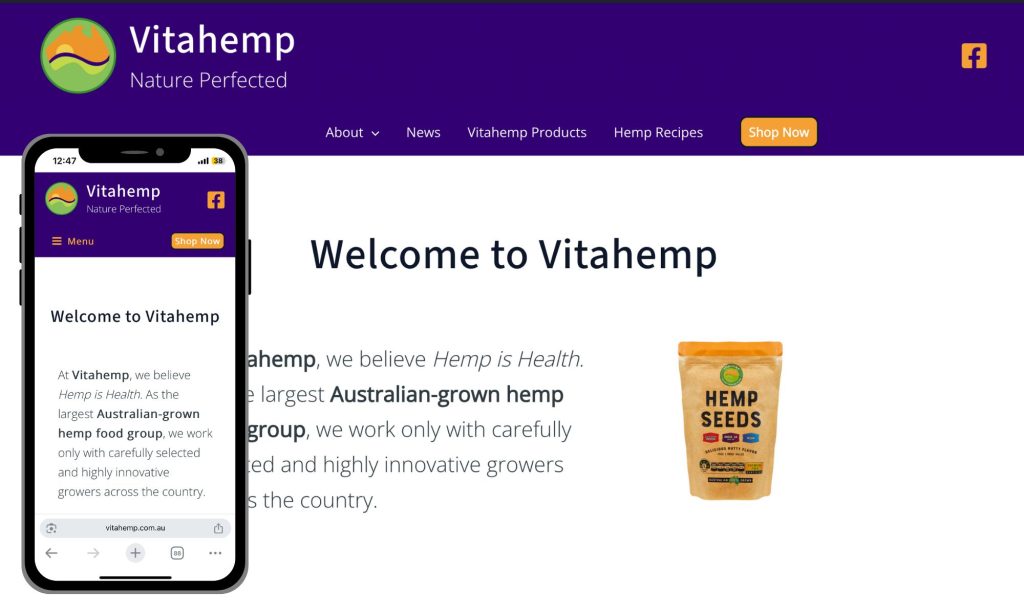 Vitahemp Brand + website build. Reimagined logo, identity & site structure with recipes, product info & e-commerce in development.